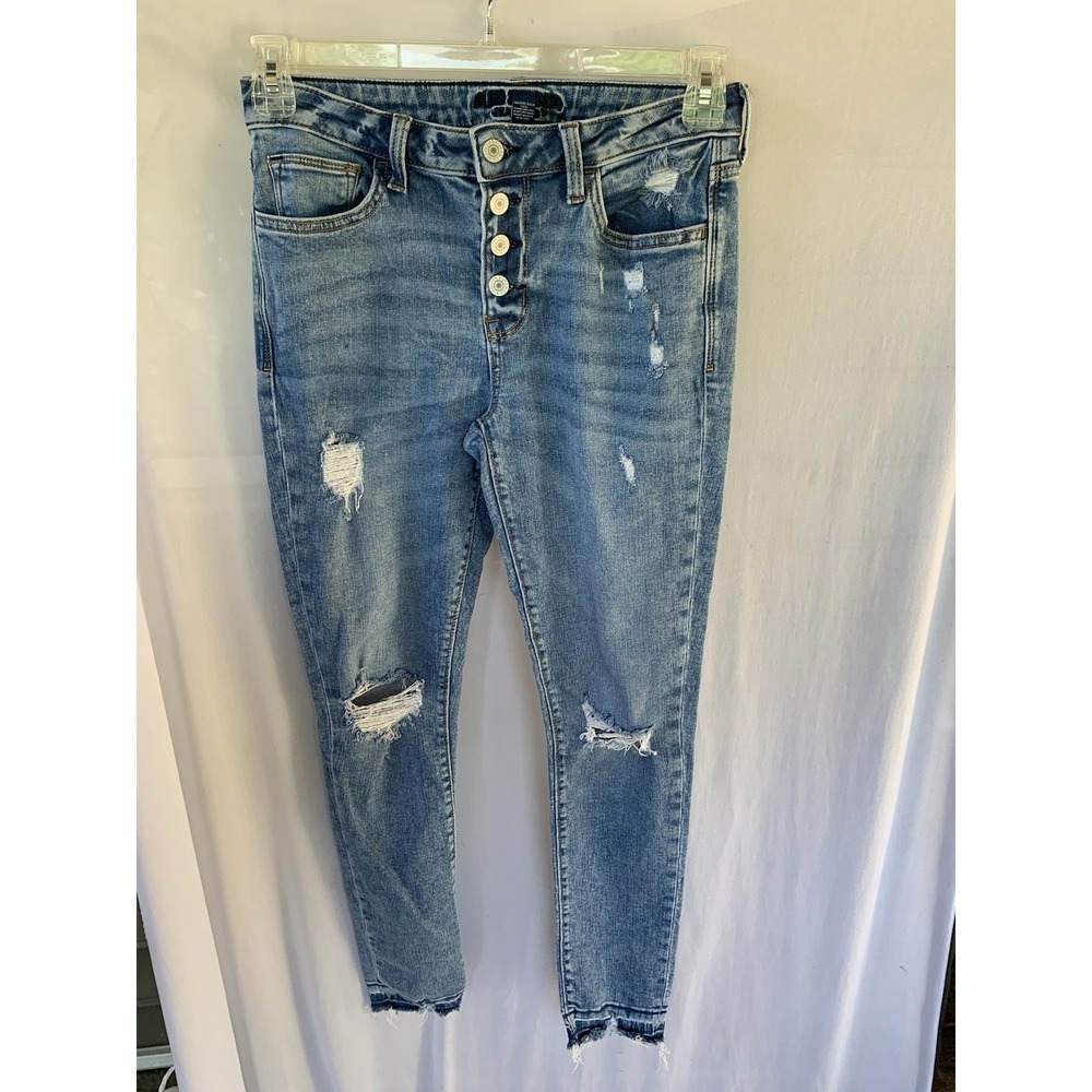 Women's Sz 7 Arizona Jeans Co Blue Jeans Distressed Holey Skinny Button Fly